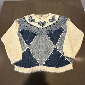 Vintage Huntington Ridge Blue & Cream Heart Hand Knitted Sweater Size M